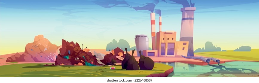 Landfill at river shore, ecology pollution concept with factory pipes emitting smoke, contaminate and air around. Liquid wastes pouring into water, ecological problem, Cartoon vector illustration