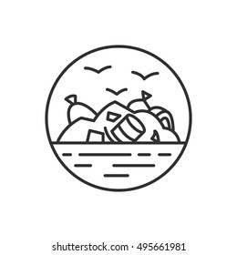 Landfill Site Icon, Linear Design. Mount Debris And Birds. Nature Pollution, Isolated Vector Illustration.