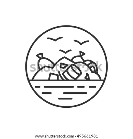 landfill site icon, linear design. Mount debris and birds. Nature pollution, isolated vector illustration.