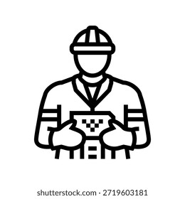 trabalhadores de aterros que lidam com o vetor da linha de poluição por resíduos e. trabalhadores de aterros que lidam com o sinal de poluição por resíduos e. símbolo de contorno isolado ilustração em preto