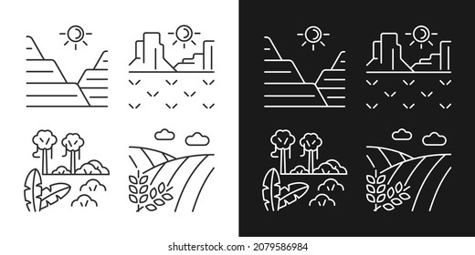 Landforms linear icons set for dark and light mode. Sediment and rock land formation. Jungle and rainforest. Customizable thin line symbols. Isolated vector outline illustrations. Editable stroke