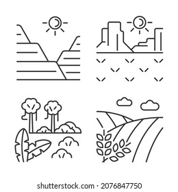 Landforms linear icons set. Sediment and rock land formation. Hot climate region. Jungle and rainforest. Customizable thin line contour symbols. Isolated vector outline illustrations. Editable stroke