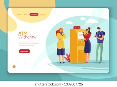 Landig page template with a queue at the ATM from cartoon people making payments and withdrawing money