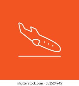 Landing aircraft line icon for web, mobile and infographics. Vector white icon isolated on red background.