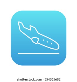 Ícone da linha da aeronave de aterrissagem para web, celular e infográficos. Ícone branco vetorial no quadrado gradiente azul com cantos arredondados isolados no plano de fundo branco.