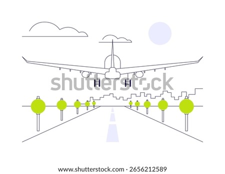 Landing airplane abstract concept vector illustration. Plane landing and arrival at airport, airway transportation, commercial air transport, aviation industry, get destination abstract metaphor.