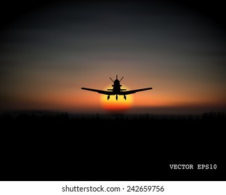 landing airplane on sunset background, vector illustration.