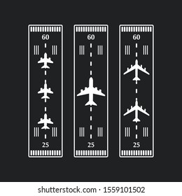 landing airplanes set. Runway with jet aircraft top view. Airport elements top view. Instrument landing system scheme. Vector airport symbol and background.