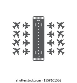 landing airplanes set. Runway with jet aircraft top view. Airport elements top view. Instrument landing system scheme. Vector airport symbol and background.