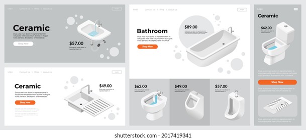 Landing app set, vector illustration. Website page element design, network technology in internet. Ceramic sink, bath, toilet and urinal furniture at web banner concept. Online store collection.
