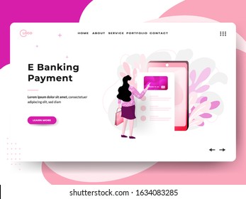 Landing Banking Payment page, the concept of women paying through smartphones, can be used for landing pages, web, UI, banners, templates, backgrounds, flayer, posters.