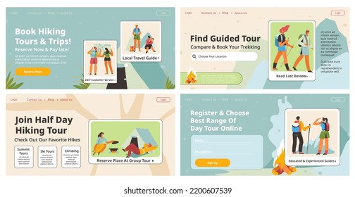 Landing Banner Design With Hicking Tour Promotion. Guided Trip Advertising At Web Page Collection, Vector Illustration. Flat Man Woman People Character At Mountains Tour, Nature Decoration