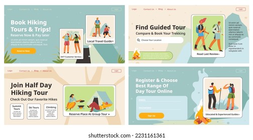 Landing banner design with hicking tour promotion. Guided trip advertising at web page collection, vector illustration. Flat man woman people character at mountains tour, nature decoration