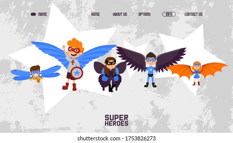 Landing banner kids superheroes with wings vector illustration. Boys and girls with superpower, fight against evil team online page. Children character in special colorful costumes and masks.