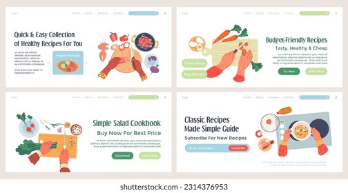 Landing banner set with cookbook advertising. Web page collection with flat person hands cook vegetarian food, vector illustration. Healthy recipes guide promo at website design