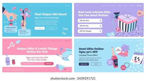 Landing banner set with gift shop advertising. Web page collection with retail sale promo, buy present offer, vector illustration. Online shop advertising at website design collection