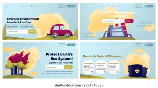 Landing Banner Set für das Retten von Umwelt-Konzept. Webpage-Kollektion mit Schutz-Ökosystem, Vektorgrafik. Automobil, Fabrik, Waldbrand und chemische Verschmutzung