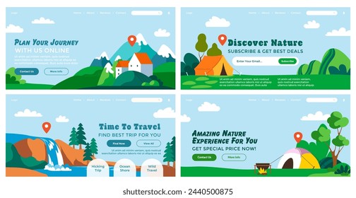 Conjunto de banner de aterrizaje con publicidad de viaje. Paisaje colorido plano en la promoción de viaje, colección de páginas web, ilustración vectorial. Oferta especial para agencia de viajes, naturaleza de verano en página web