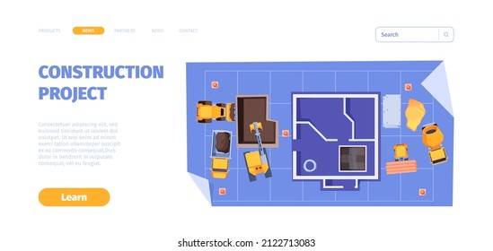 Landing builders. Construction processes heavy steel transport for builders working services garish vector web page templates