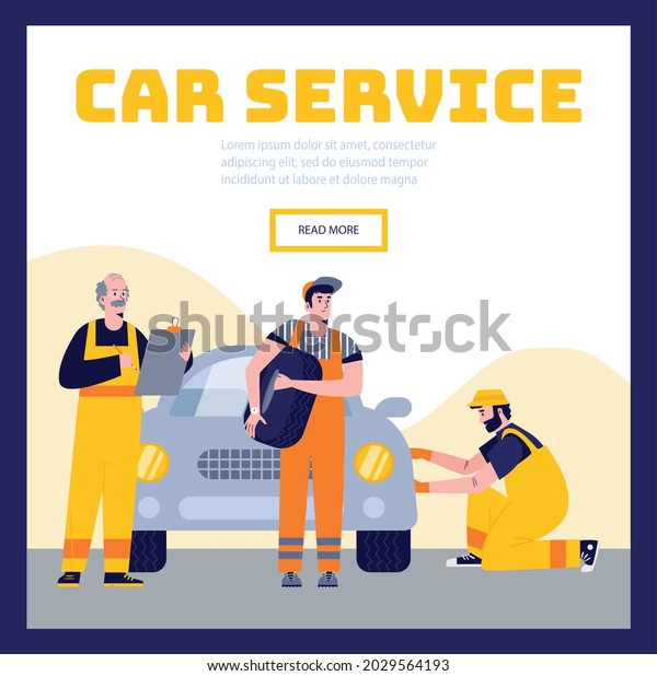 Landing for car service station\
with illustration of team of car mechanics at work. Vector flat\
illustration for web. Concept of an interface for auto repair\
shop.
