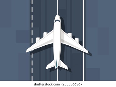 Landing of a commercial airplane. Realistic jet - aerial top view vector illustration