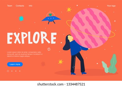 Landing concept, cartoon style illustration. About space. Explore more.