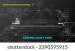 Landing Craft Tank model. Line art sketch wallpaper of water transportation series. Drafting art. Grid lines drawing against dark background. 