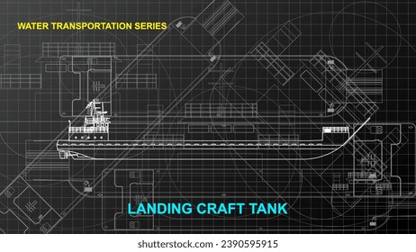 Modelo de tanque de naves de aterrizaje. Papel de la pantalla de dibujo de líneas de la serie de transporte de agua. Dibujo artístico. Líneas de cuadrícula dibujando sobre fondo oscuro. 