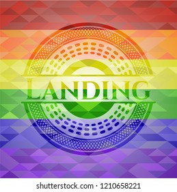 Landing emblem on mosaic background with the colors of the LGBT flag