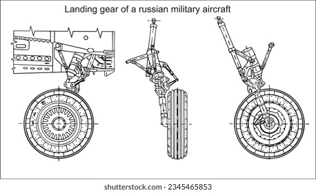 Landing gear of a russian military aircraft mig
(war plane fighter bomber). Vector drawing. General, side, front views. Cad scheme. 