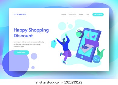 Landing Happy Shopping Discount Page, the concept of a woman likes to get discounts at an online shop, can be used for landing pages, web, UI, banners, templates, backgrounds, flayer, posters - Vector