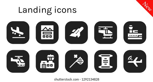  landing icon set. 10 filled landing icons. Simple modern icons about  - Arrival, Landing page, Aeroplane, Helicopter, Control tower, Airport, Butterfly net, Scroll