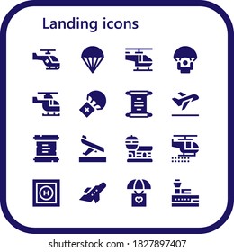 landing icon set. 16 filled landing icons. Included Helicopter, Parachute, Scroll, Take off, Arrival, Airport, Helipad, Aeroplane, Control tower icons