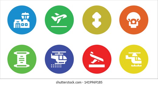 landing icon set. 8 filled landing icons.  Simple modern icons about  - Airport, Scroll, Take off, Helicopter, Arrival, Parachute