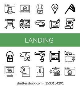 landing icon set. Collection of Webpage, Scroll, Market, Parachute, Helicopter, Airport, Butterfly net, Airdrop, Page icons