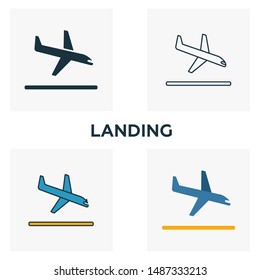 Landing icon set. Four elements in diferent styles from airport icons collection. Creative landing icons filled, outline, colored and flat symbols.