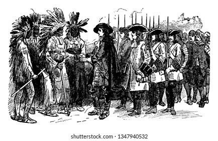 Landing of James Edward Oglethorpe who was a British soldier In Georgia, Member of Parliament,vintage line drawing or engraving illustration.