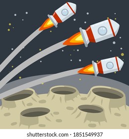 Landing and launching a rocket on the asteroid landscape. Stars and space flight. Moon. Space planet. Lunar surface with craters and dust.