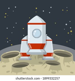 Landing and launching a rocket on the asteroid landscape. Stars and space flight. Moon. Lunar surface with craters and dust. Space planet