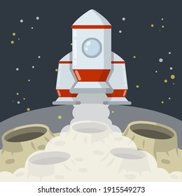 Landing and launching a rocket on the asteroid landscape. Moon. Space planet. Lunar surface with craters and dust. Stars and space flight
