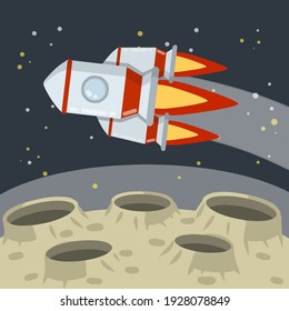 Landing and launching a rocket on the asteroid landscape. Stars and space flight. Moon. Space planet. Lunar surface with craters and dust.