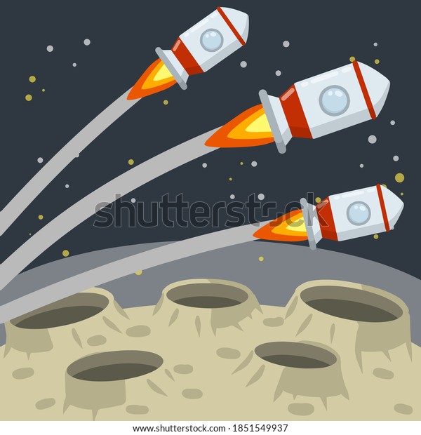 Landing and launching a rocket on the asteroid\
landscape. Stars and space flight. Moon. Space planet. Lunar\
surface with craters and\
dust.