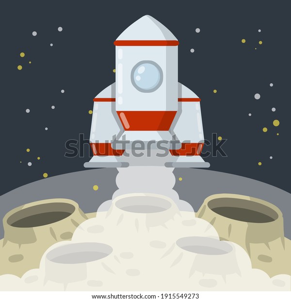 Landing and launching a rocket on the asteroid\
landscape. Moon. Space planet. Lunar surface with craters and dust.\
Stars and space flight