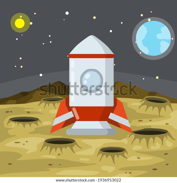 Landing and launching a rocket on the asteroid\
landscape. Stars and space flight. Moon. Lunar surface with craters\
and dust. Space planet