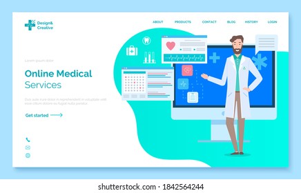 Landing medical site page. Online medical services. Doctor on the background of a computer monitor with graphs and reports. Symbol of first aid. Flasks, test tubes, cardiogram. Flat illustration