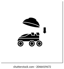 Landing on surface glyph icon. Landing rover on planet. Research uninhabited land. Mars landing concept. Filled flat sign. Isolated silhouette vector illustration