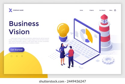 Landing-Page mit Kollegen diskutieren in der Nähe von Laptop mit Leuchtturm und Glühbirne. Business Vision Konzept isometrische Vektorillustration. Entwicklung der kommerziellen Business-Lösungen 3D-Komposition