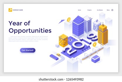 Landing page with 2019 number buildings, streets, location marks and place for text. Year of opportunities for city development and urban planning. Creative isometric vector illustration for website.