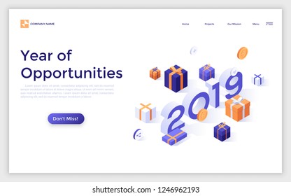 Landing page with 2019 number surrounded by gift boxes and dollar coins. Year of opportunities in internet retail, purchase discounts. Isometric vector illustration for advertisement, promotion.