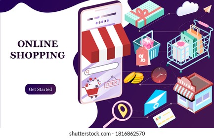 Landing page of 3d isometric online shopping on websites or mobile applications concepts of vector e-commerce and digital marketing. Isometric background illustration for banner online store promotion